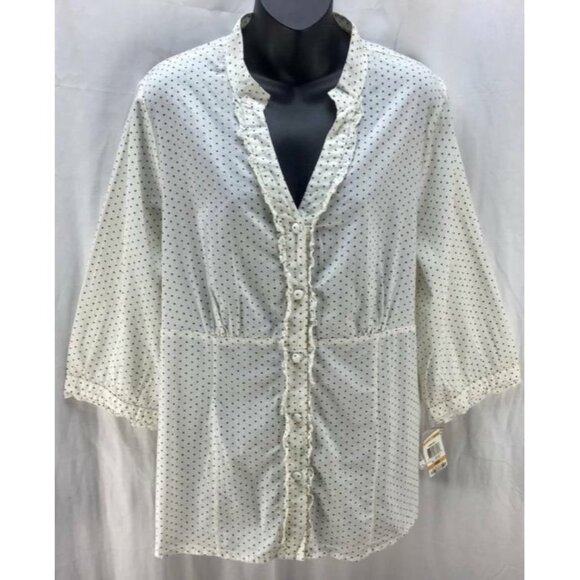 Style & Company Top Plus 16W Ivory Polka Dot V-Neck Button 3/4 Sleeve New 257 - Picture 1 of 5